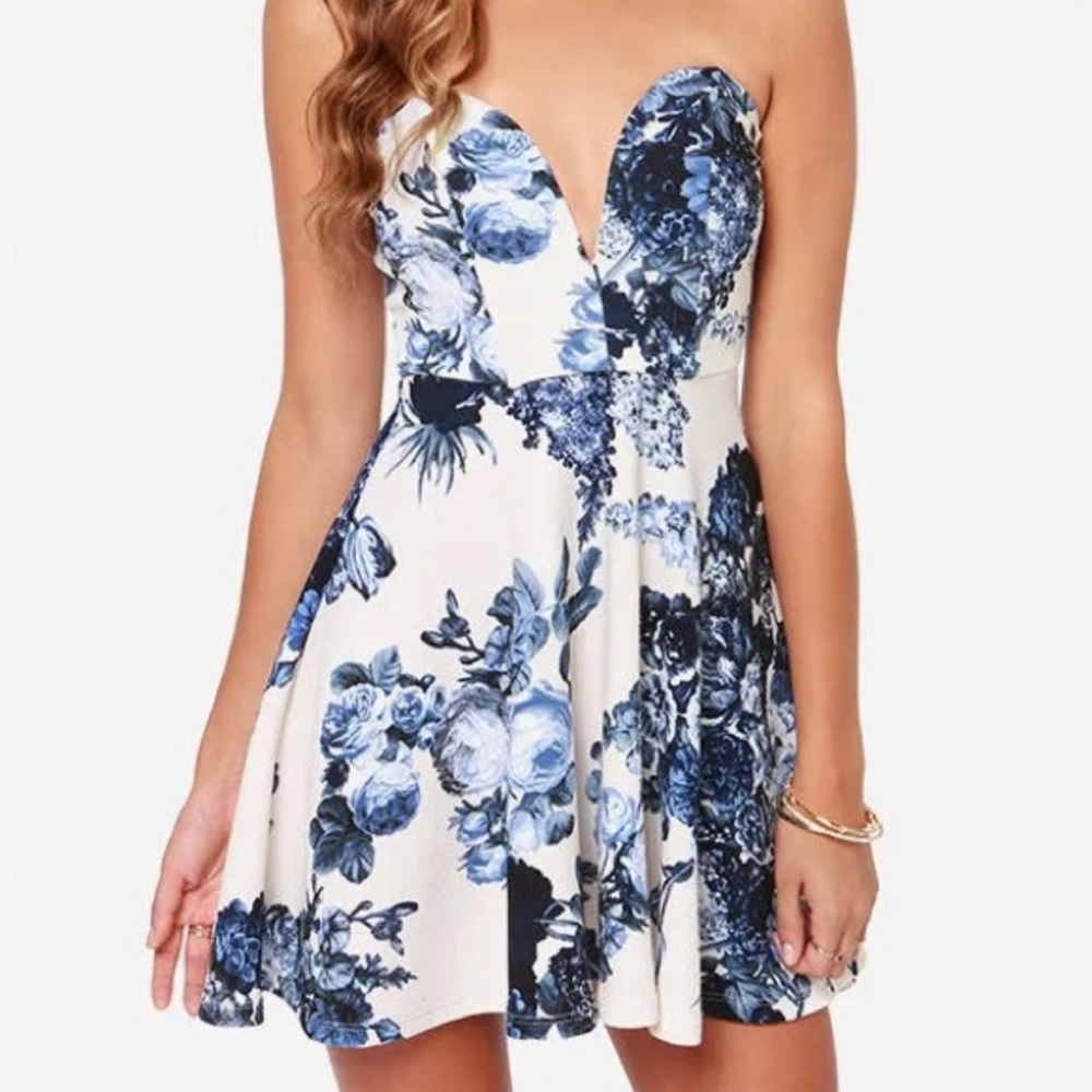 Lulu's All Good Things Strapless Blue and Ivory Floral Print Dress